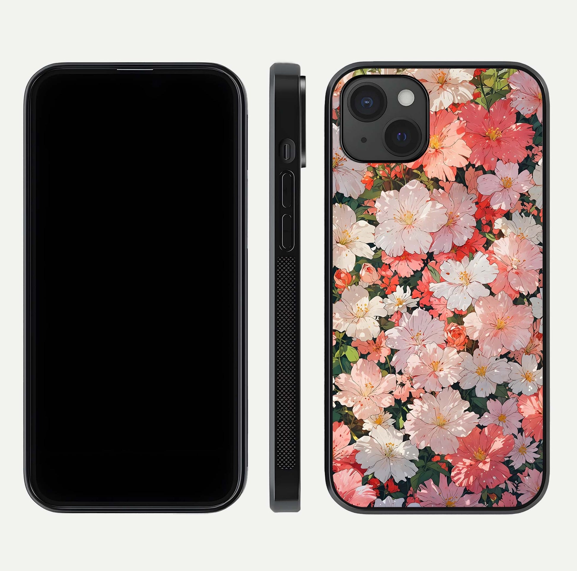 Blush Bloom Field Glass Case for iPhone 15 Plus dual-view layout showing bloom arrangement and protective frame