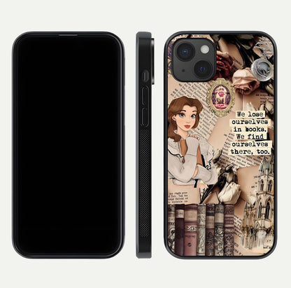 Bookish Dream World Glass Case for iPhone 15 Plus dual-view layout displaying colorful fantasy print and edge finish