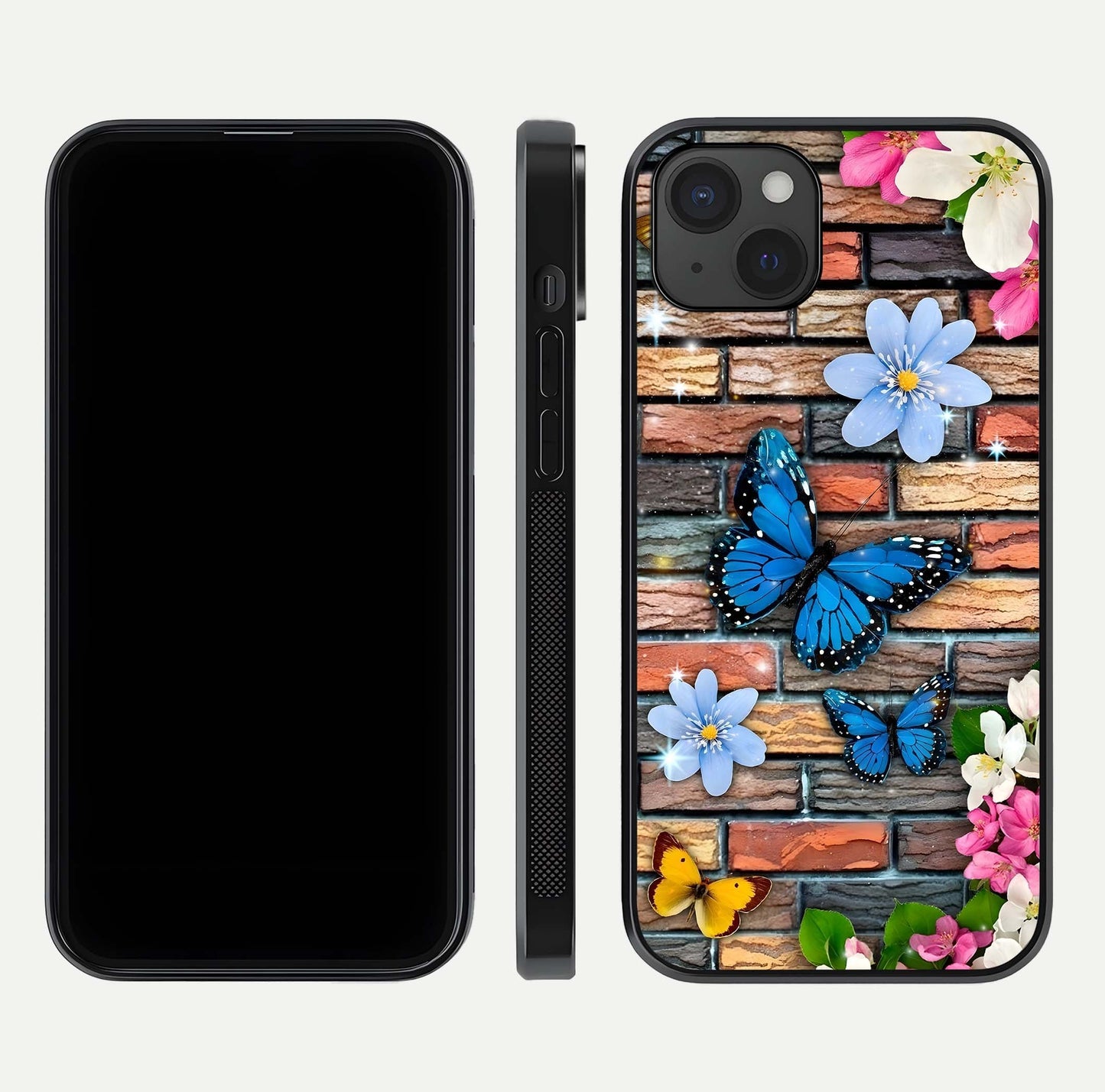 Brick Bloom Flight Glass Case for iPhone 15 Plus dual-view layout showing bloom placement and protective edge design