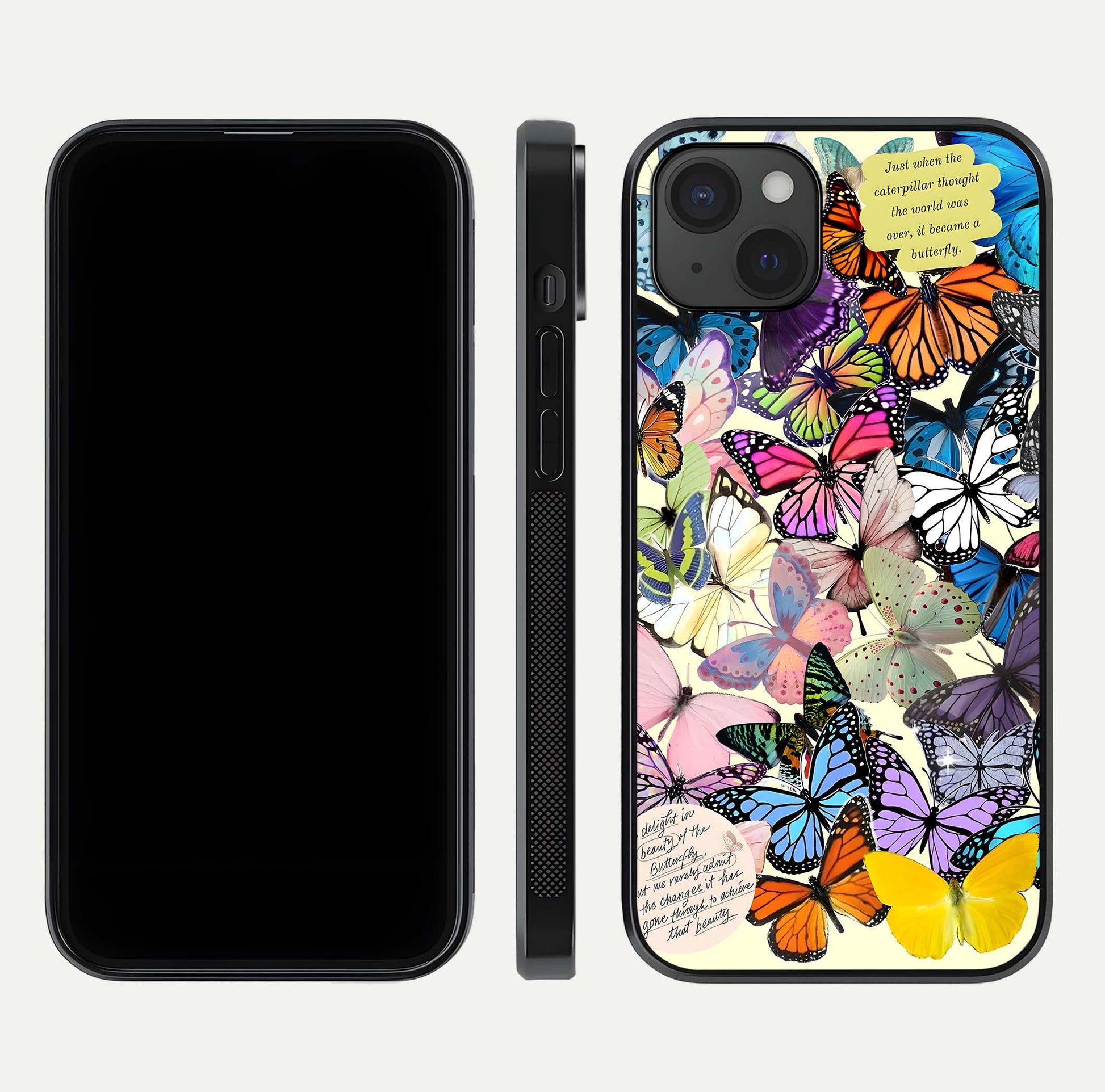 Butterflies Petal Dream Glass Case for iPhone 15 Plus front-and-back layout showcasing floral spread and reflection shine