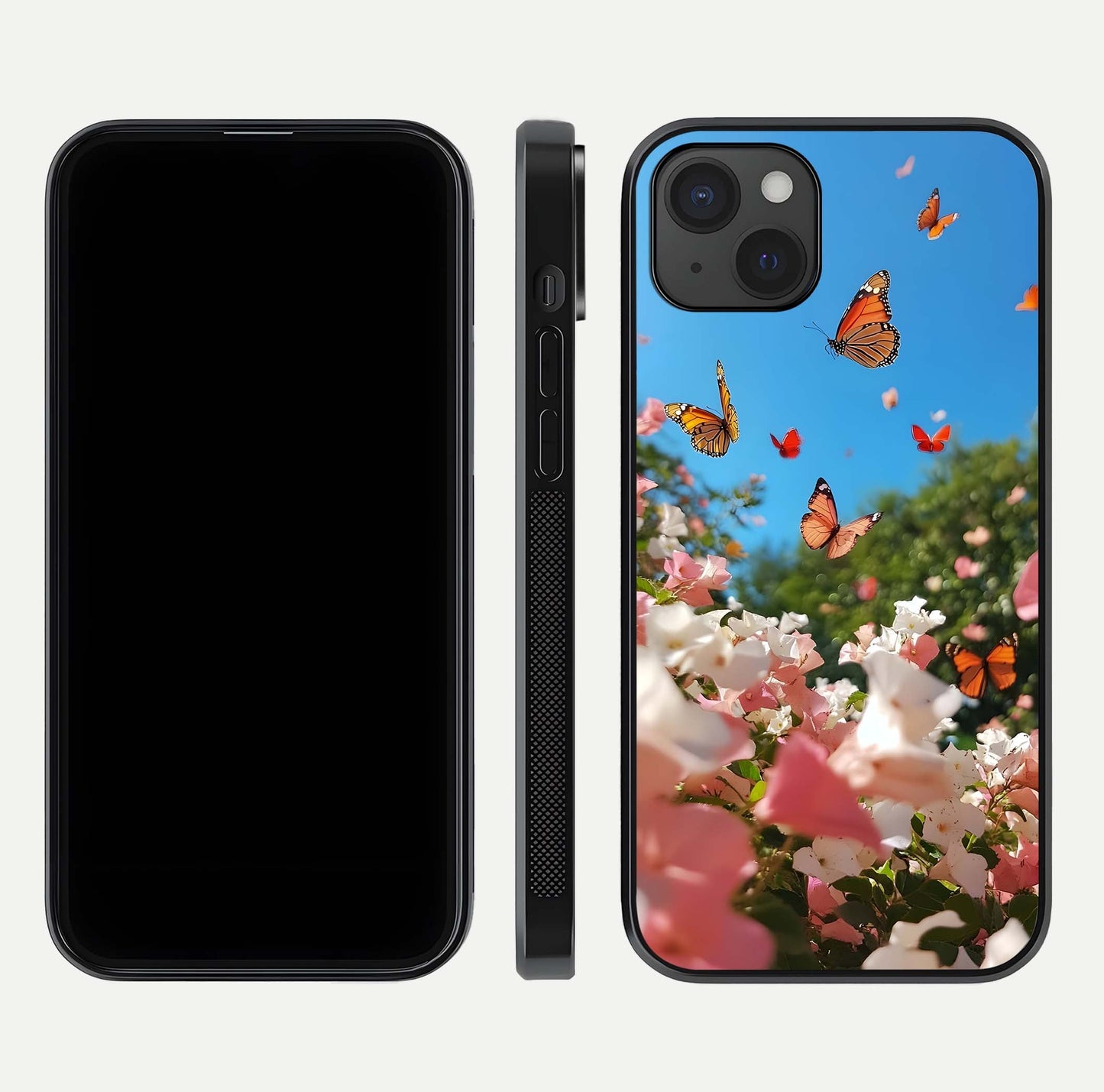 Butterflies in Bloom Sky Glass Case for iPhone 15 Plus dual-view layout displaying elegant composition and glass gloss