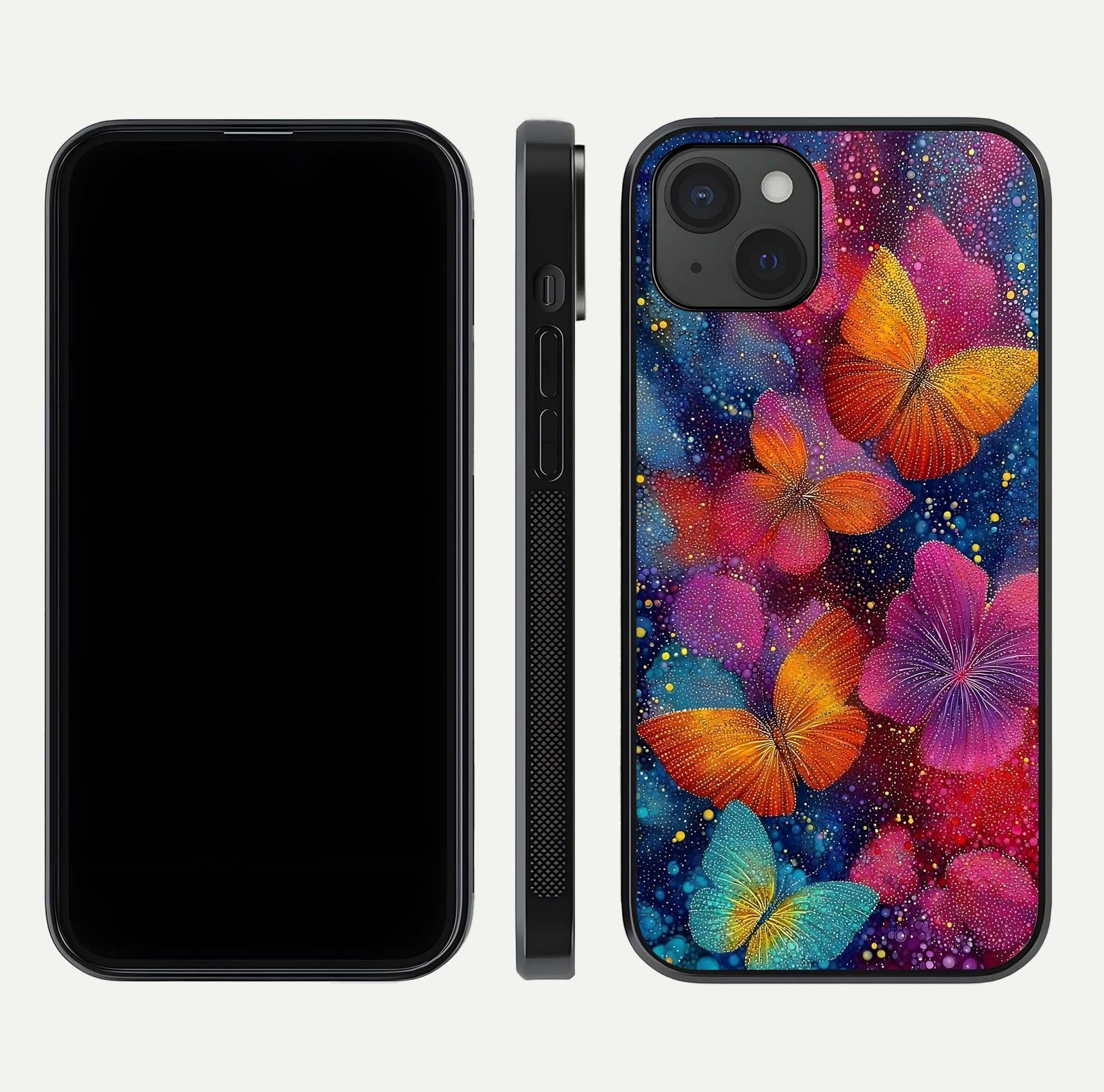 Butterfly Dream Mist Glass Case for iPhone 15 Plus dual-view layout showing mist background and edge polish