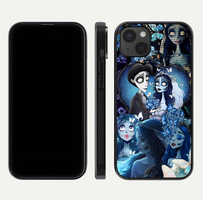 Butterfly Ghost Soul Glass Case for iPhone 15 Plus front-and-back layout highlighting dark art balance and HD shine