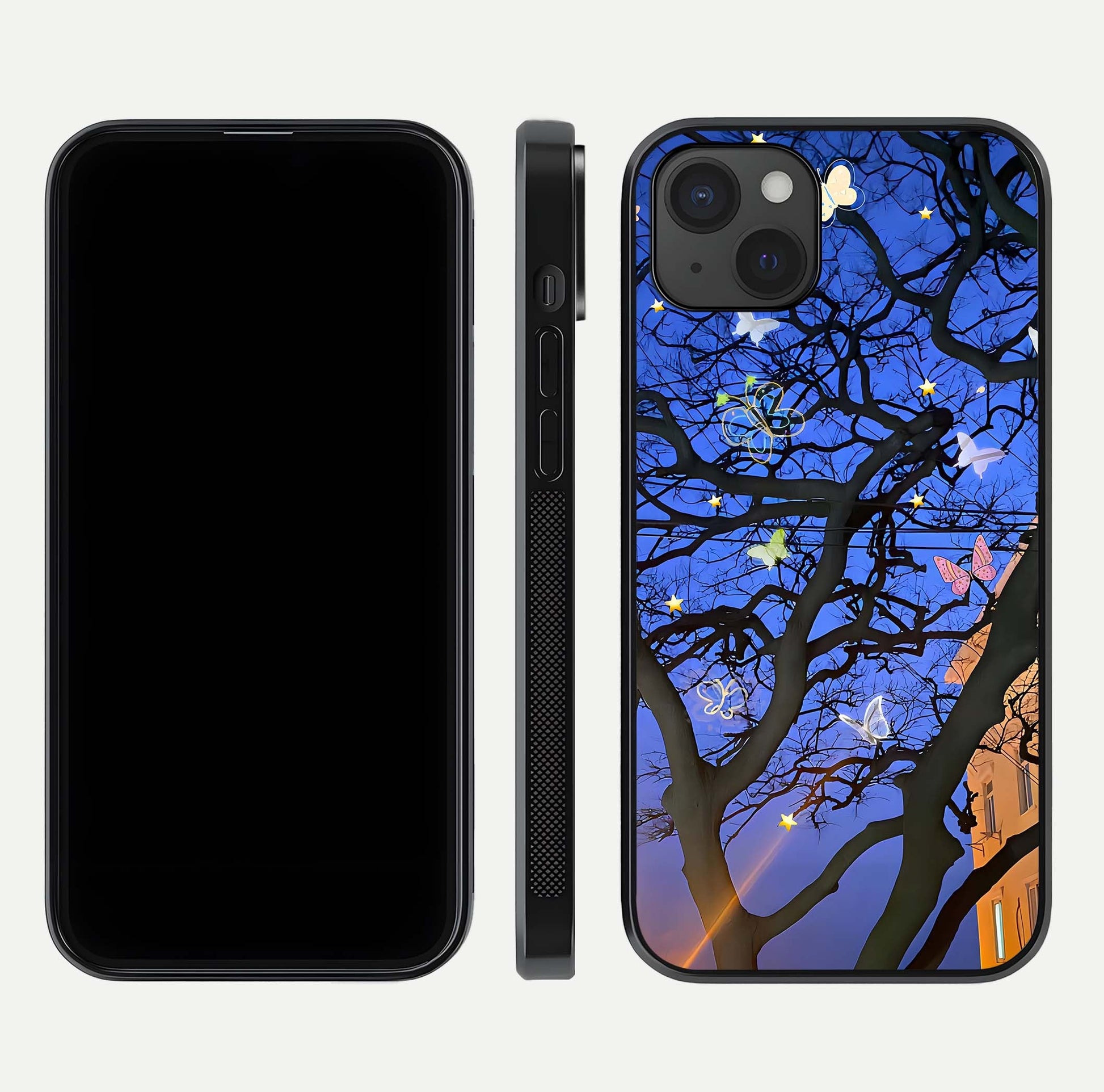 Butterfly Night Magic Glass Case for iPhone 15 Plus dual-view layout displaying balanced art and edge clarity