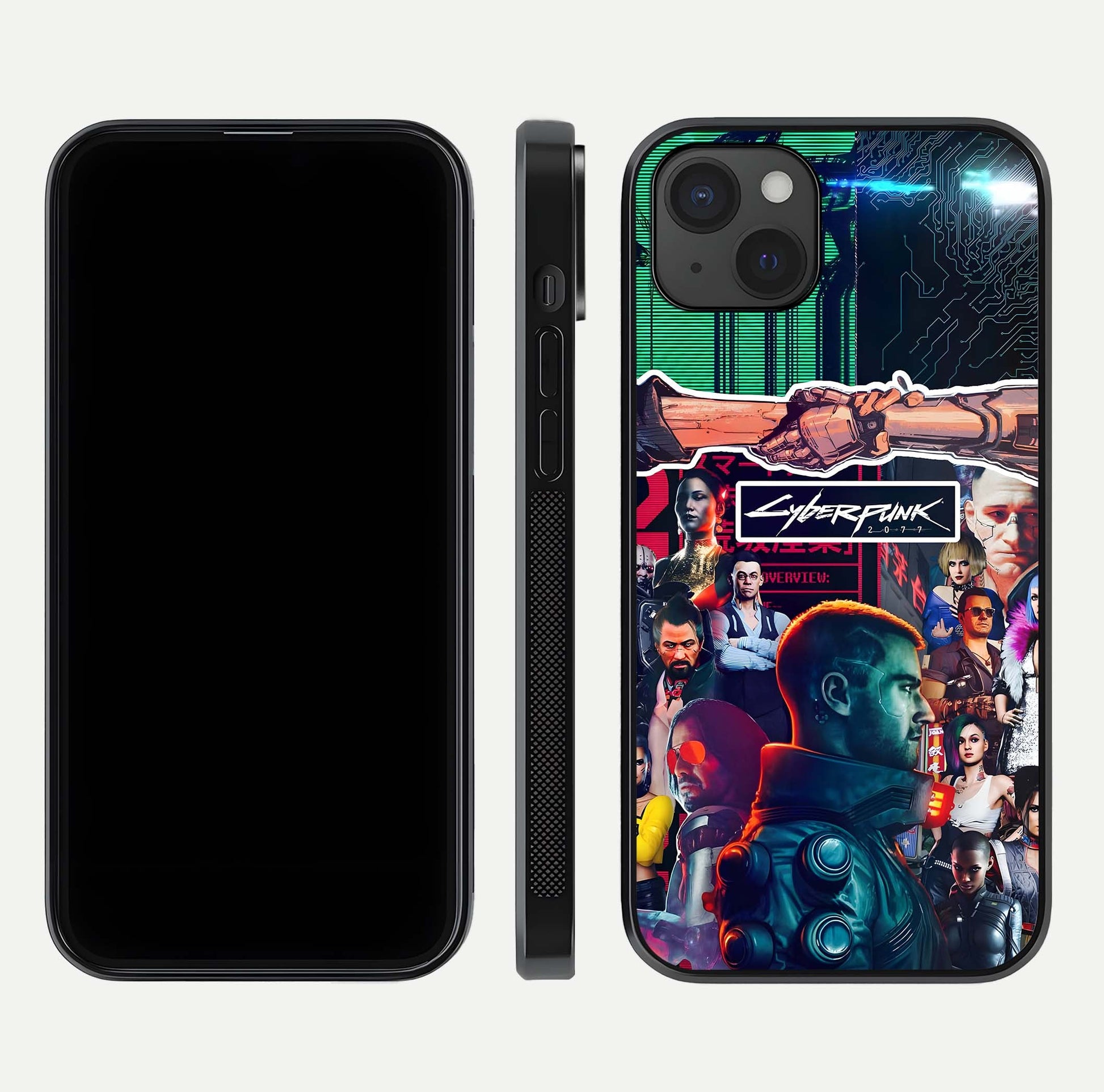 CYBERPUNK Legacy Glass Case for iPhone 15 Plus dual-view layout showing cyberpunk hues and glass precision