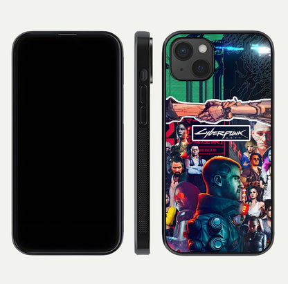 CYBERPUNK Legacy Glass Case for iPhone 15 Plus dual-view layout showing cyberpunk hues and glass precision