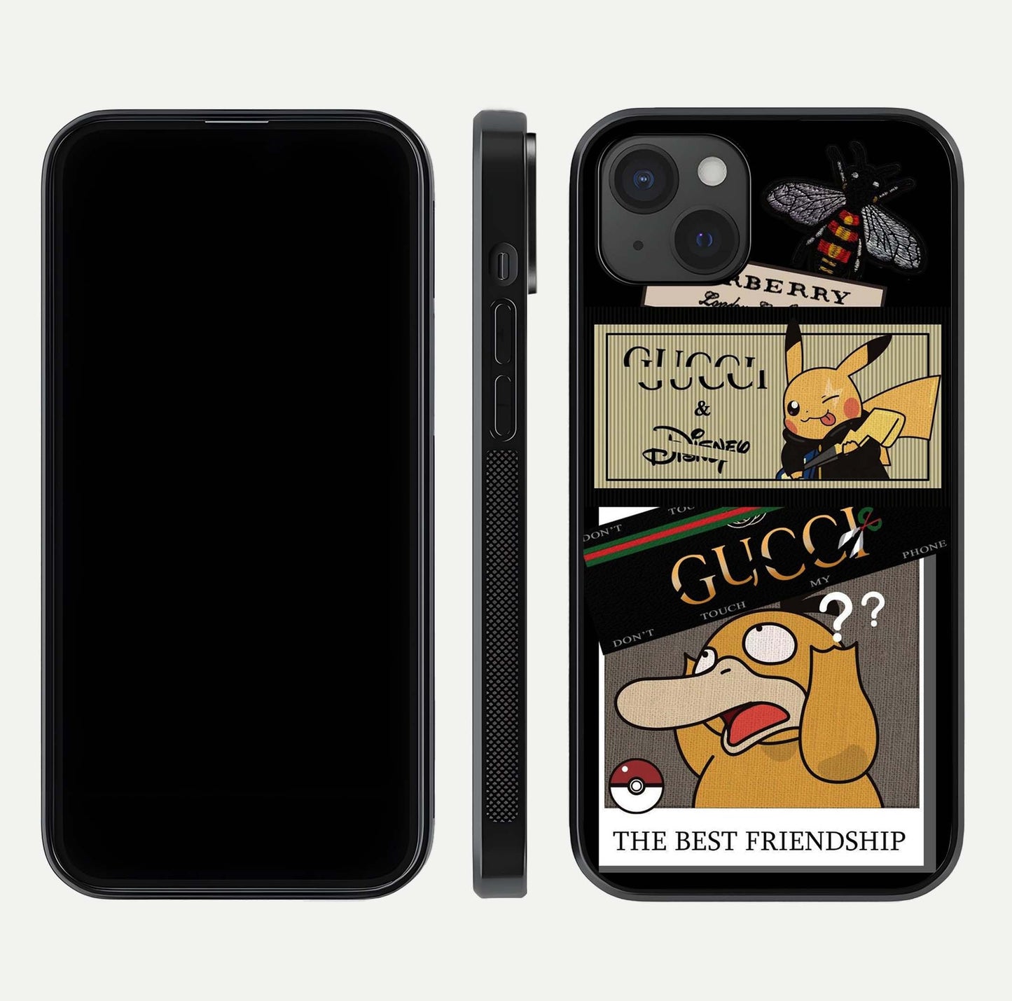 Cartoon Brand Play Mashup Glass Case for iPhone 15 Plus front and back view layout highlighting multi-logo artwork and curved edges