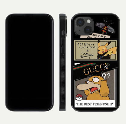 Cartoon Brand Play Mashup Glass Case for iPhone 15 Plus front and back view layout highlighting multi-logo artwork and curved edges