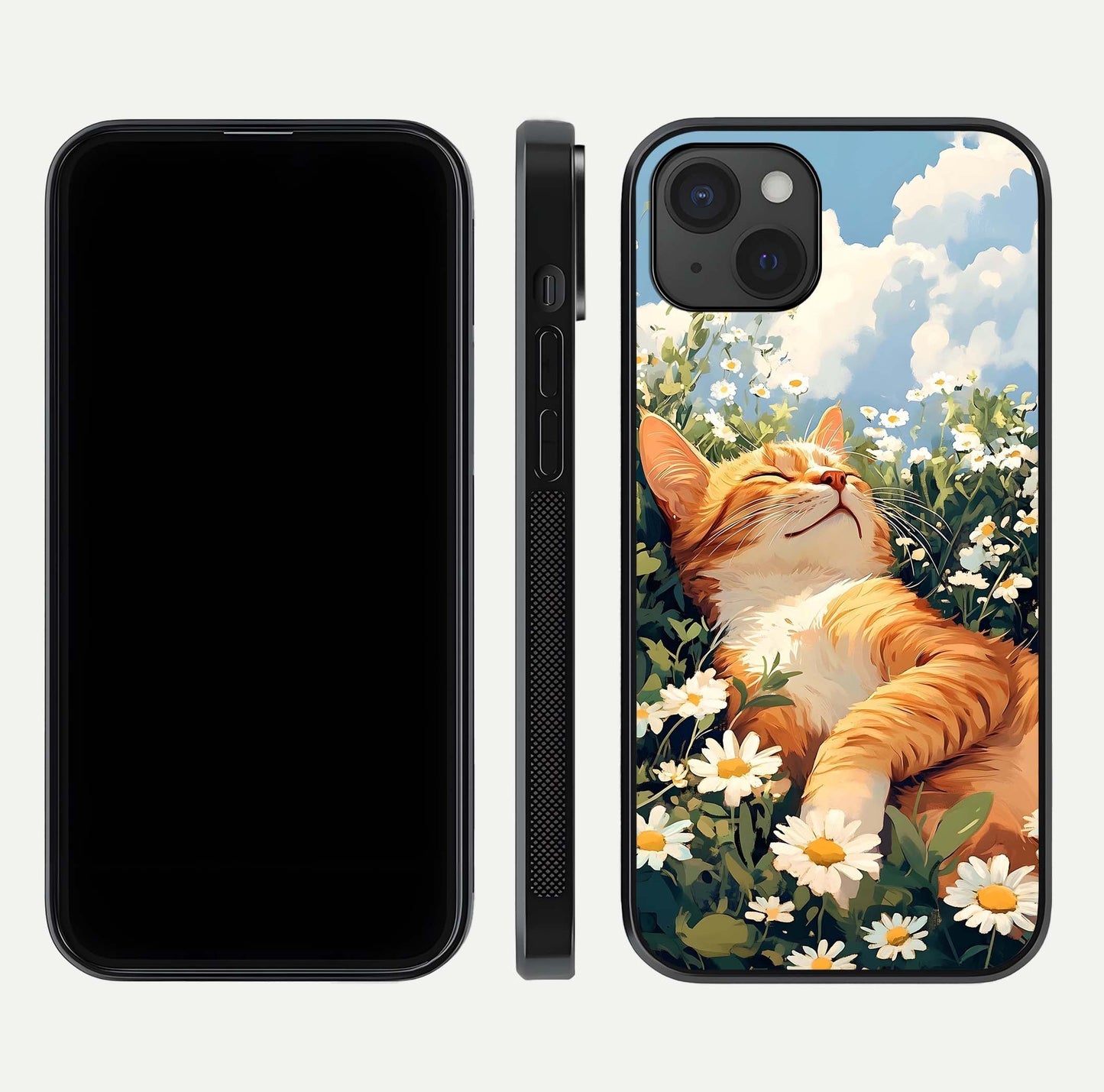 Cat & Flowers View Glass Case for iPhone 15 Plus front-and-back layout showing floral balance and gloss surface