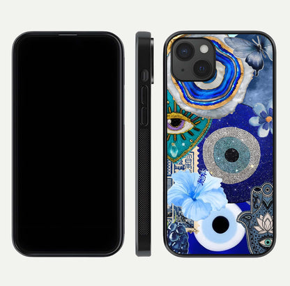 Celestial Blue Vision Glass Case for iPhone 15 Plus dual-view layout showing celestial gradient and curved edges