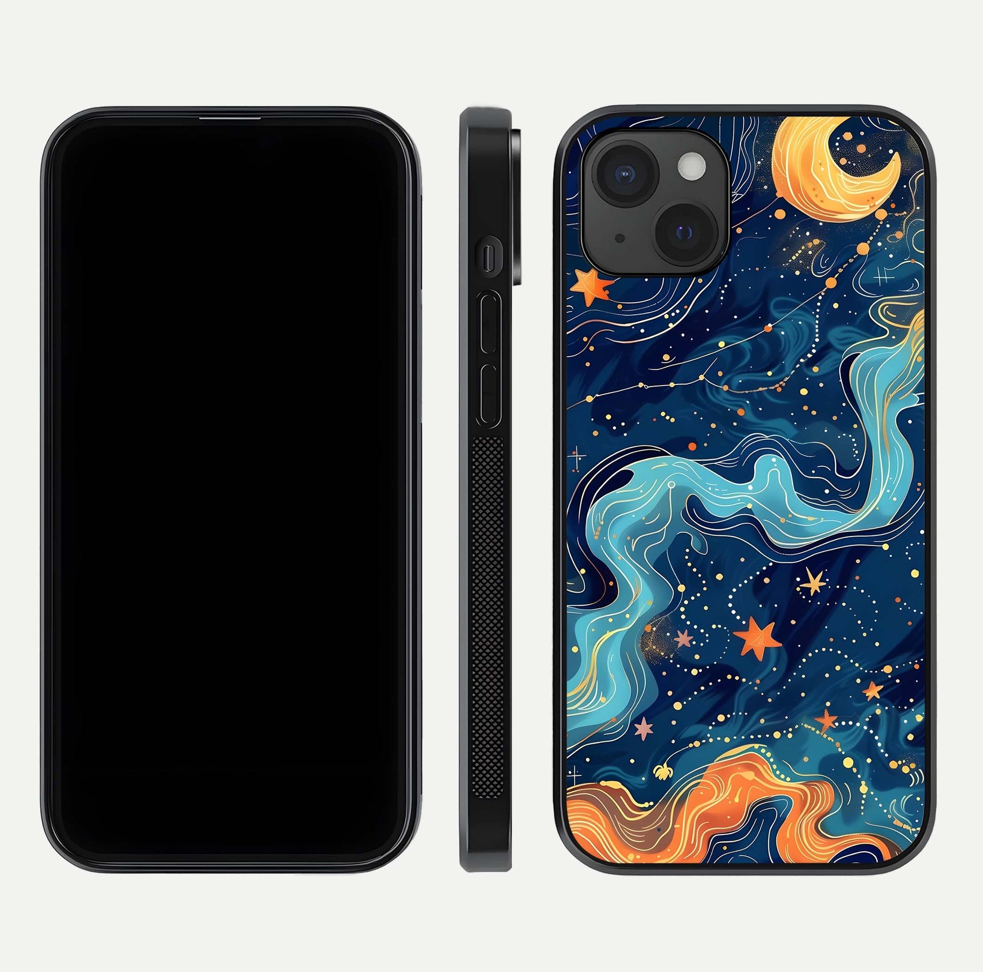Celestial Dream Flow Glass Case for iPhone 15 Plus dual-view layout showing abstract flow and curved glass