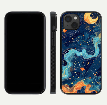 Celestial Dream Flow Glass Case for iPhone 15 Plus dual-view layout showing abstract flow and curved glass