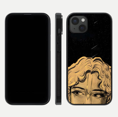 Celestial God’s Plan Glass Case for iPhone 15 Plus front & back layout showing smooth finish and spiritual art