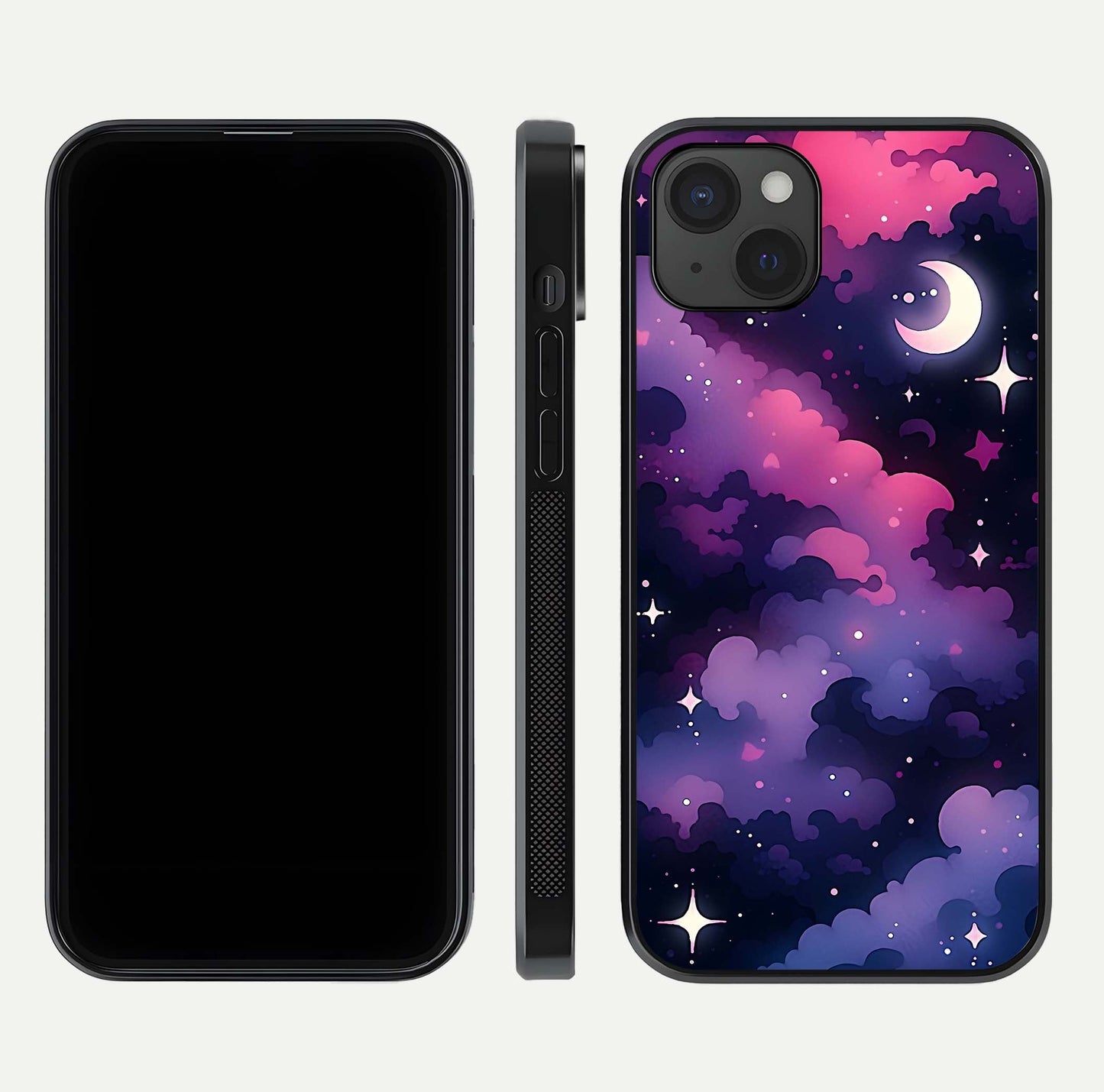 Celestial Moon Magic Glass Case for iPhone 15 Plus dual-view layout displaying lunar design and sleek edges