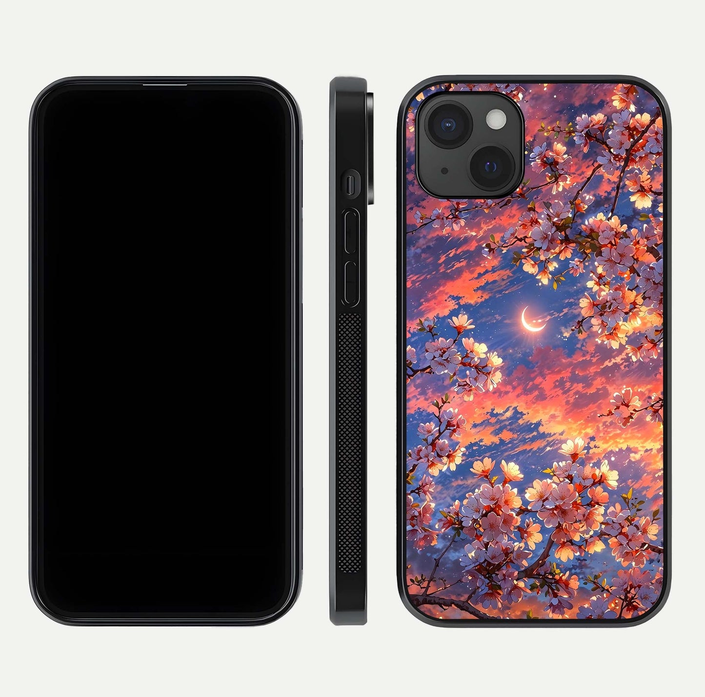 Celestial Sakura Sunset Glass Case for iPhone 15 Plus dual-view layout showing floral gradient and reflection polish