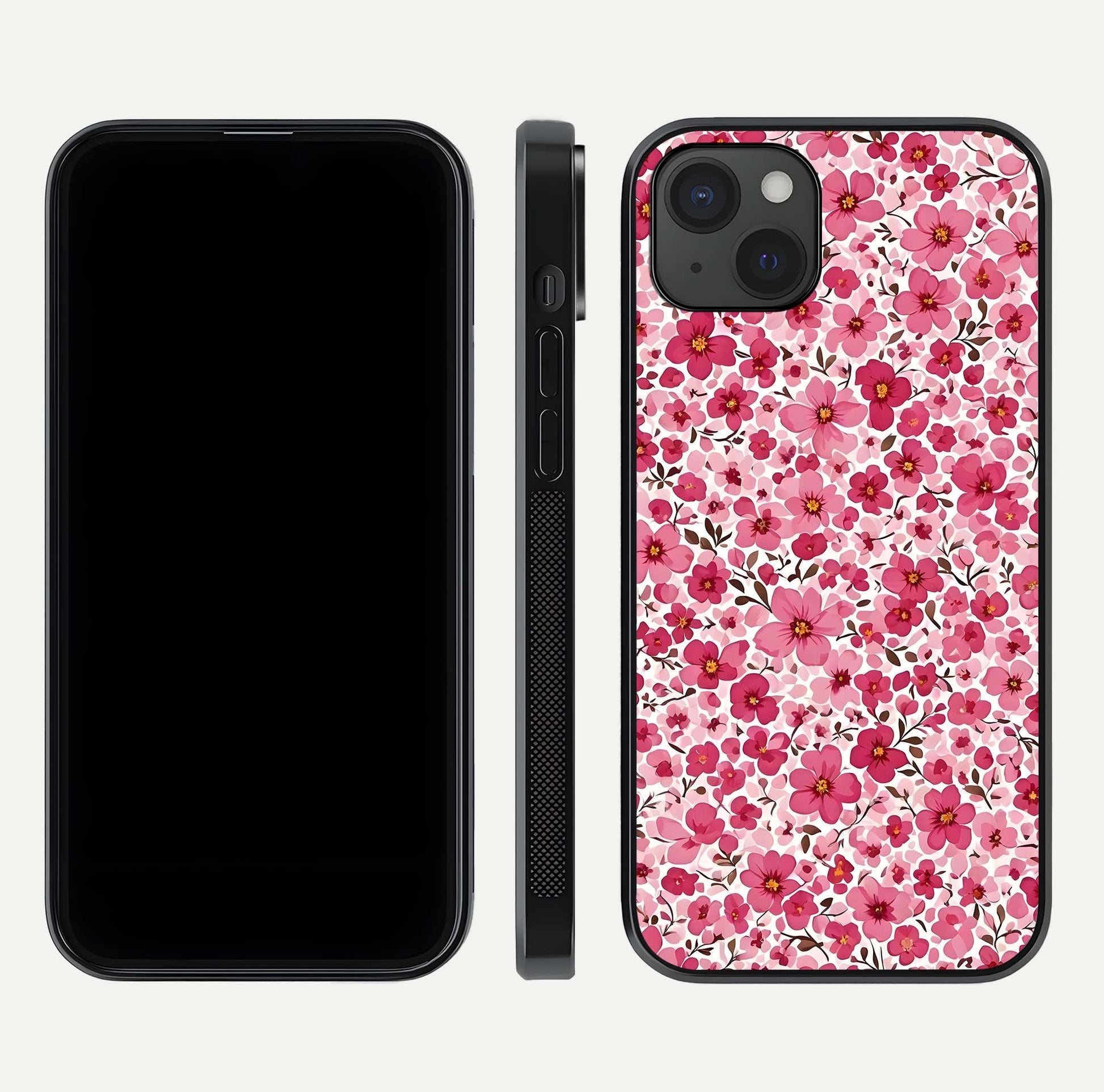 Cherry Blossom Charm Glass Case for iPhone 15 Plus dual-view layout showing elegant floral balance and HD gloss