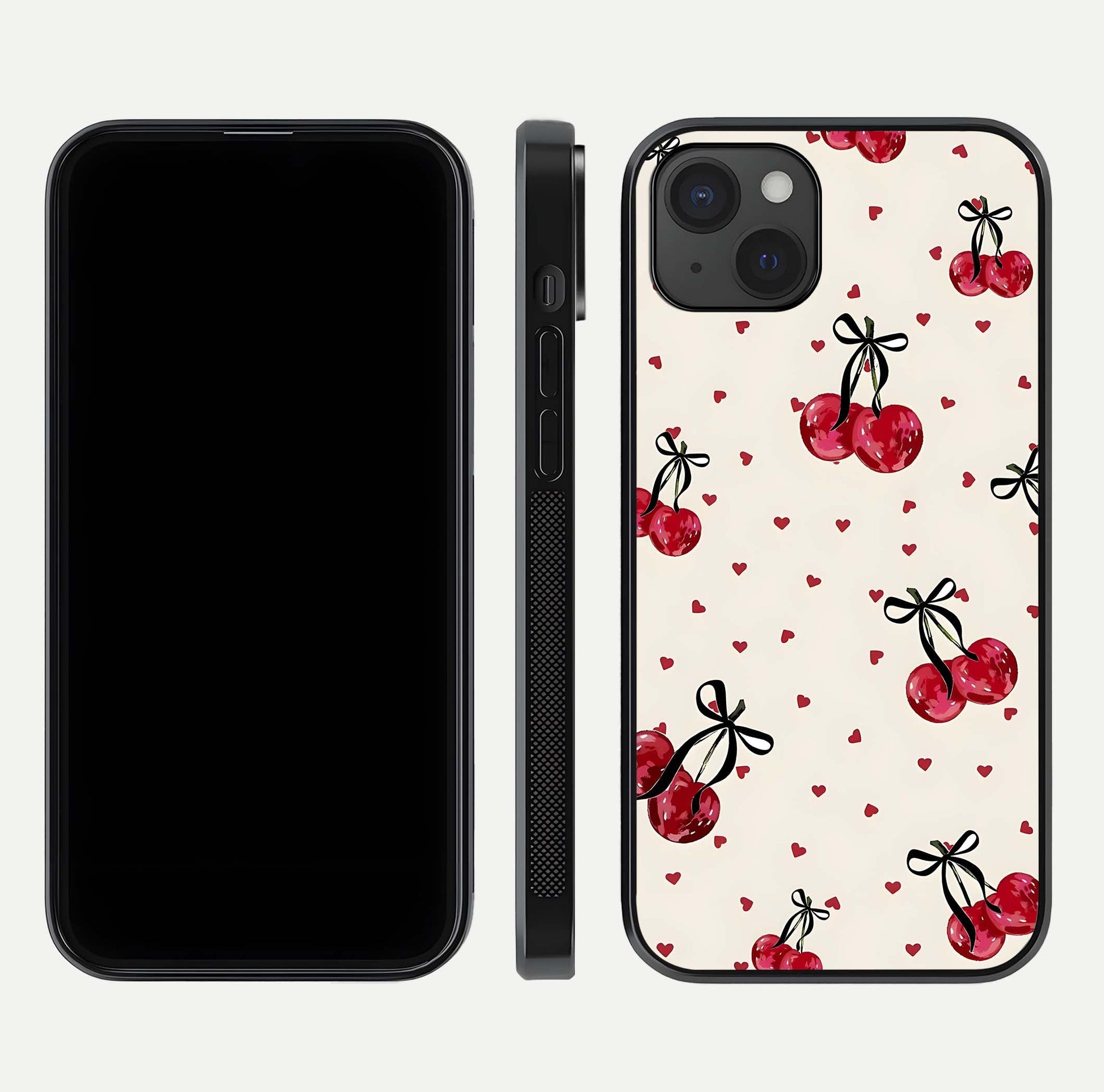 Cherry Heart Bow Glass Case for iPhone 15 Plus front-and-back view showing design clarity and edge protection