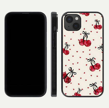 Cherry Heart Bow Glass Case for iPhone 15 Plus front-and-back view showing design clarity and edge protection