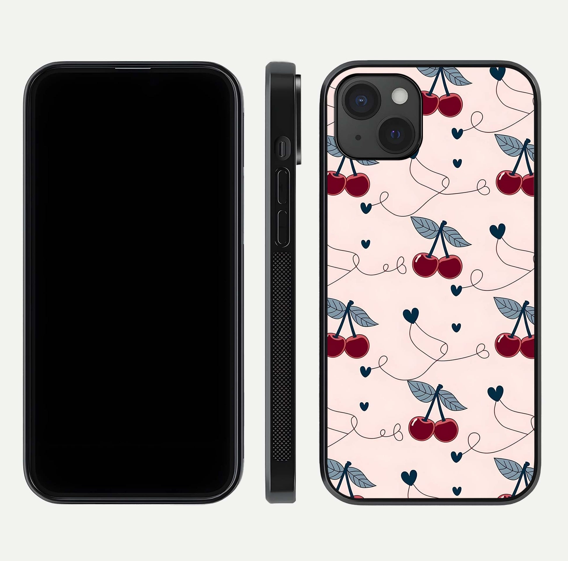 Cherry Heart Line Glass Case for iPhone 15 Plus dual-view layout displaying minimal cherry motif and edge design