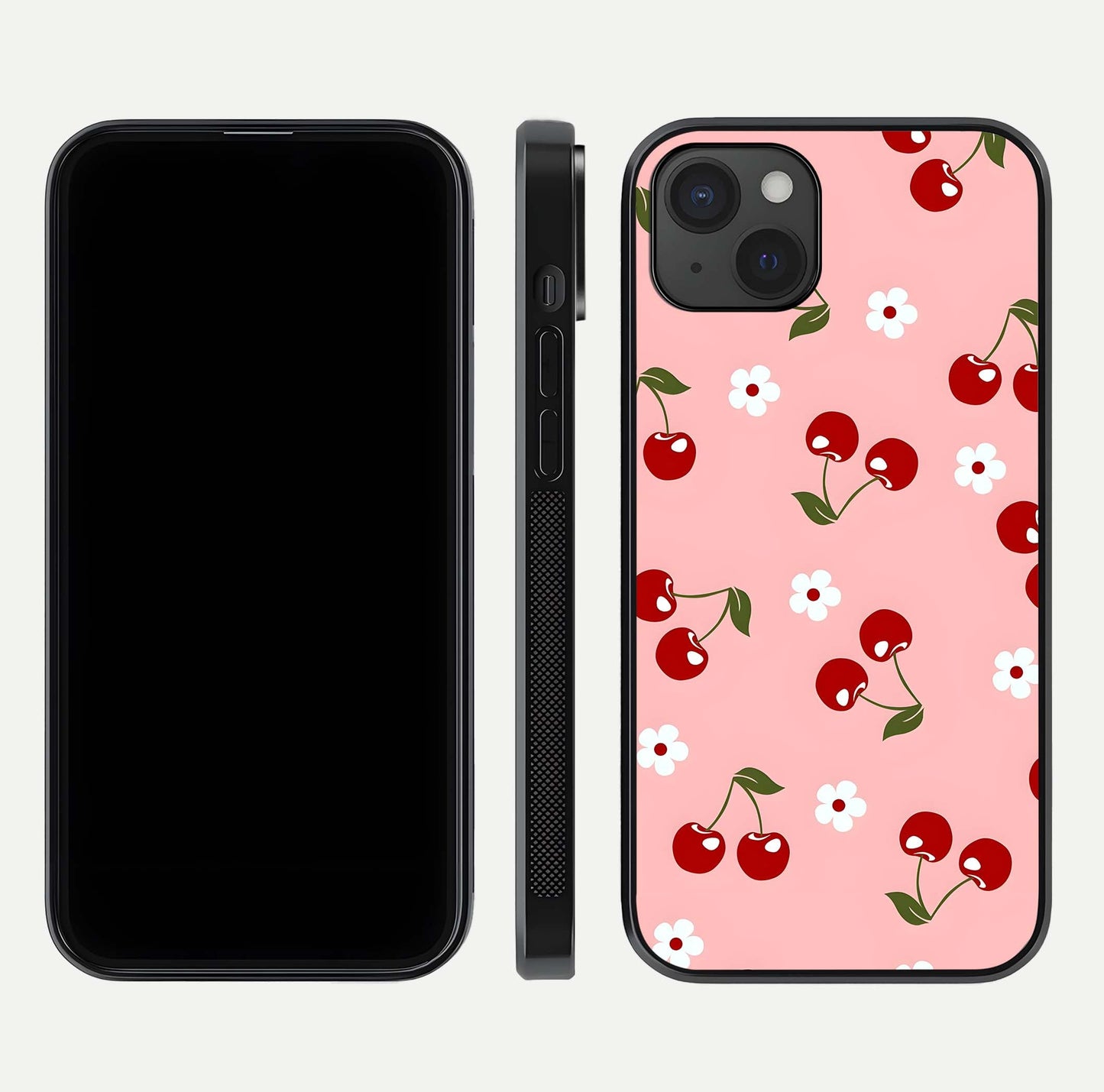 Cherry Love Mood Glass Case for iPhone 15 Plus dual-view layout showing design alignment and curved edges
