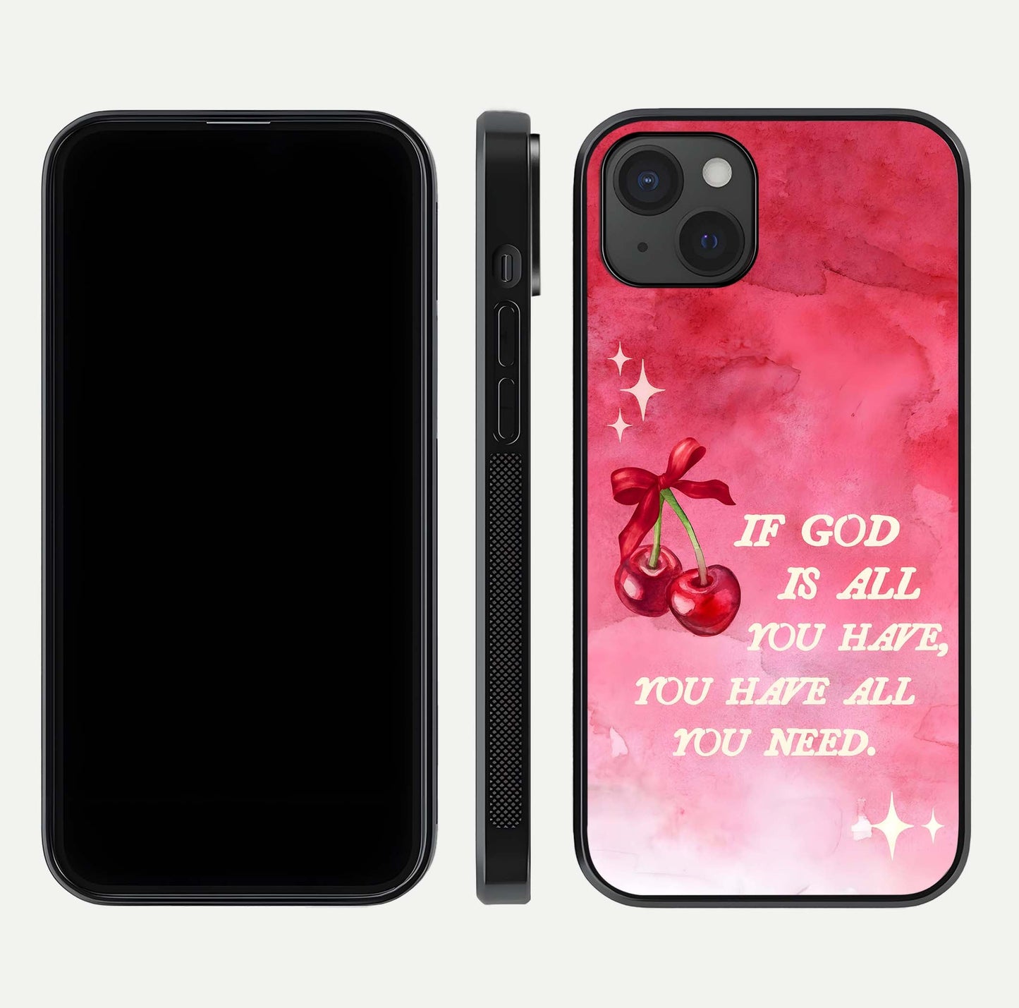 Cherry Quote Glass Case for iPhone 15 Plus dual-view layout showing red cherry tones and text balance