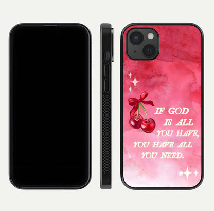 Cherry Quote Glass Case for iPhone 15 Plus dual-view layout showing red cherry tones and text balance