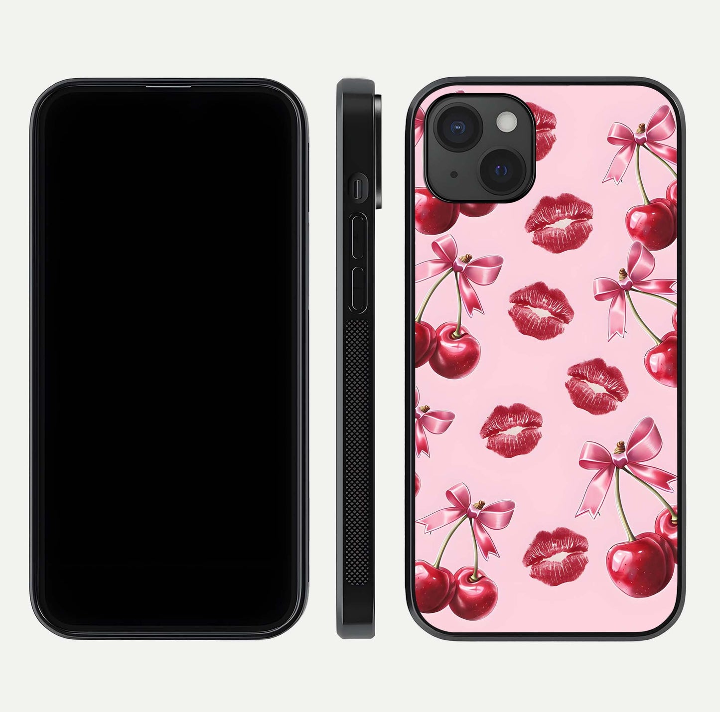 Cherry With Lips Glass Case for iPhone 15 Plus front-and-back layout displaying detailed design and glass finish