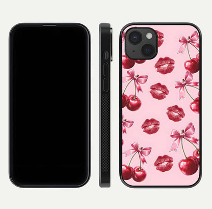 Cherry With Lips Glass Case for iPhone 15 Plus front-and-back layout displaying detailed design and glass finish