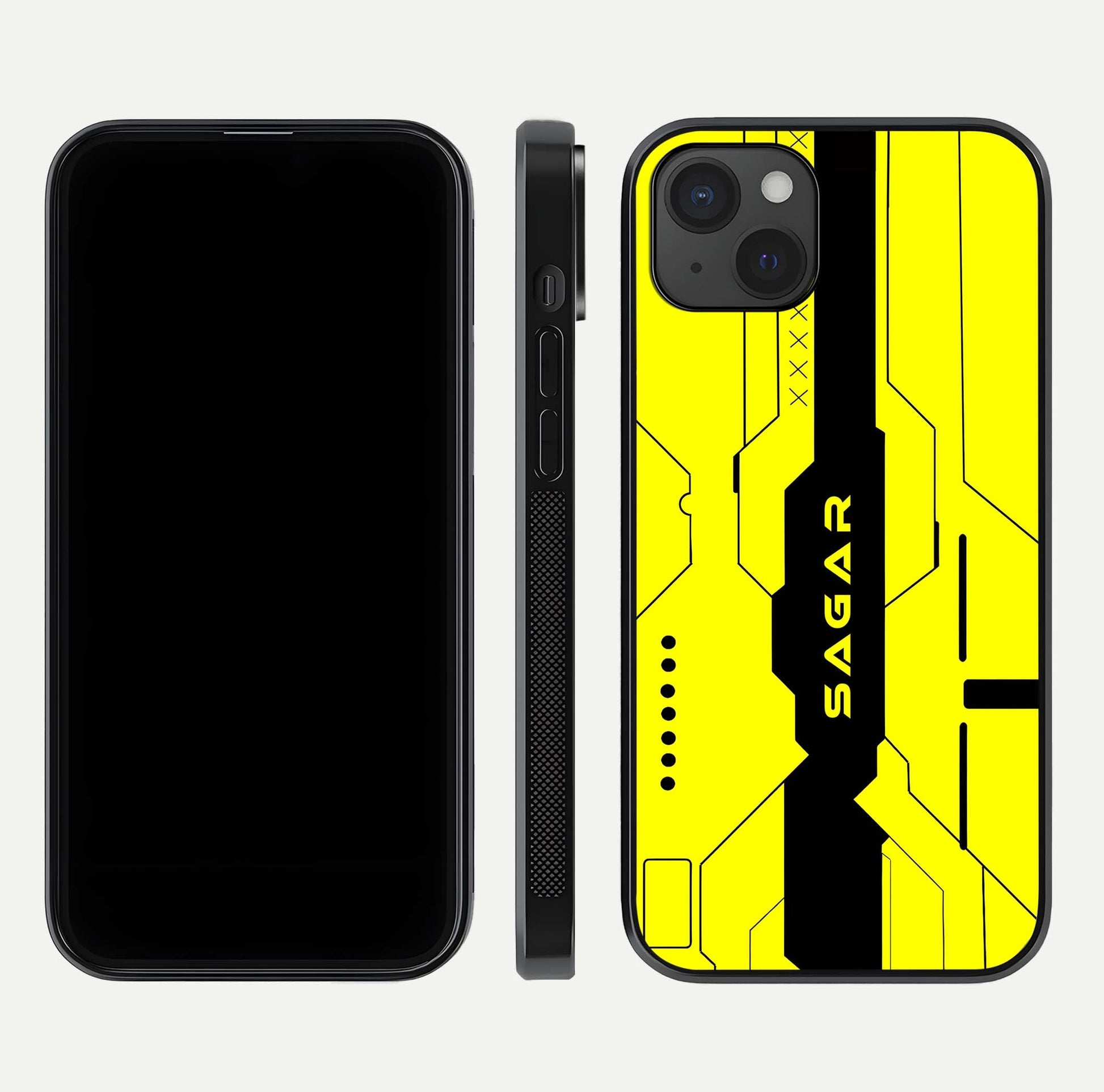 Circuit CYBERPUNK Custom Name Glass Case for iPhone 15 Plus dual-view layout showing bold tech art and edge clarity