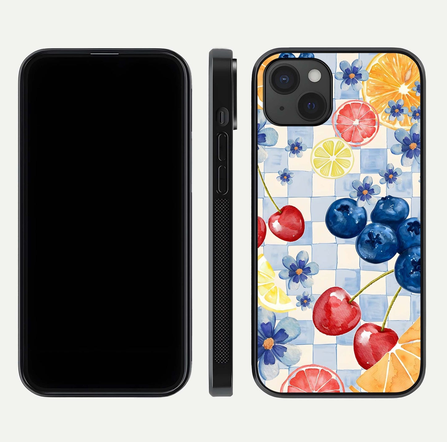 Citrus Bloom Joy Glass Case for iPhone 15 Plus dual-view layout displaying colorful print and smooth edges