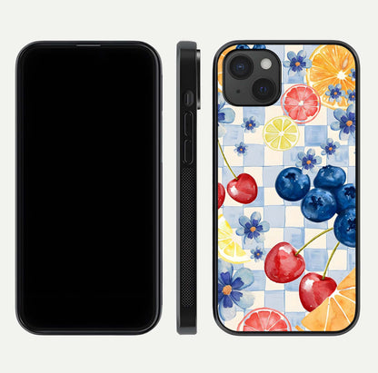 Citrus Bloom Joy Glass Case for iPhone 15 Plus dual-view layout displaying colorful print and smooth edges