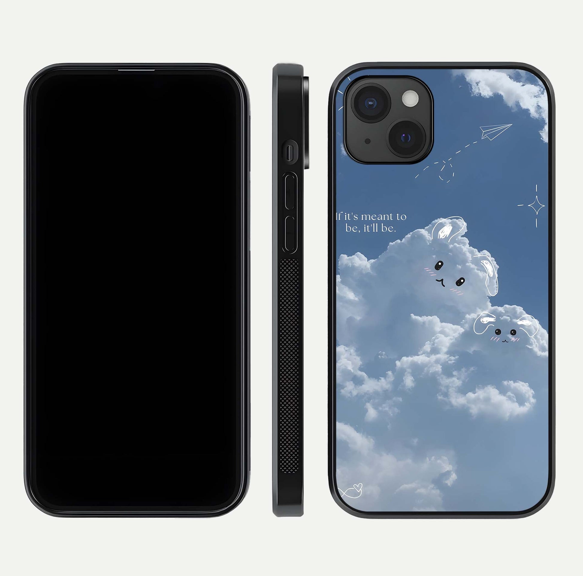 Cloud Bunny Dreams Glass Case for iPhone 15 Plus dual-view layout displaying aesthetic tones and smooth polish