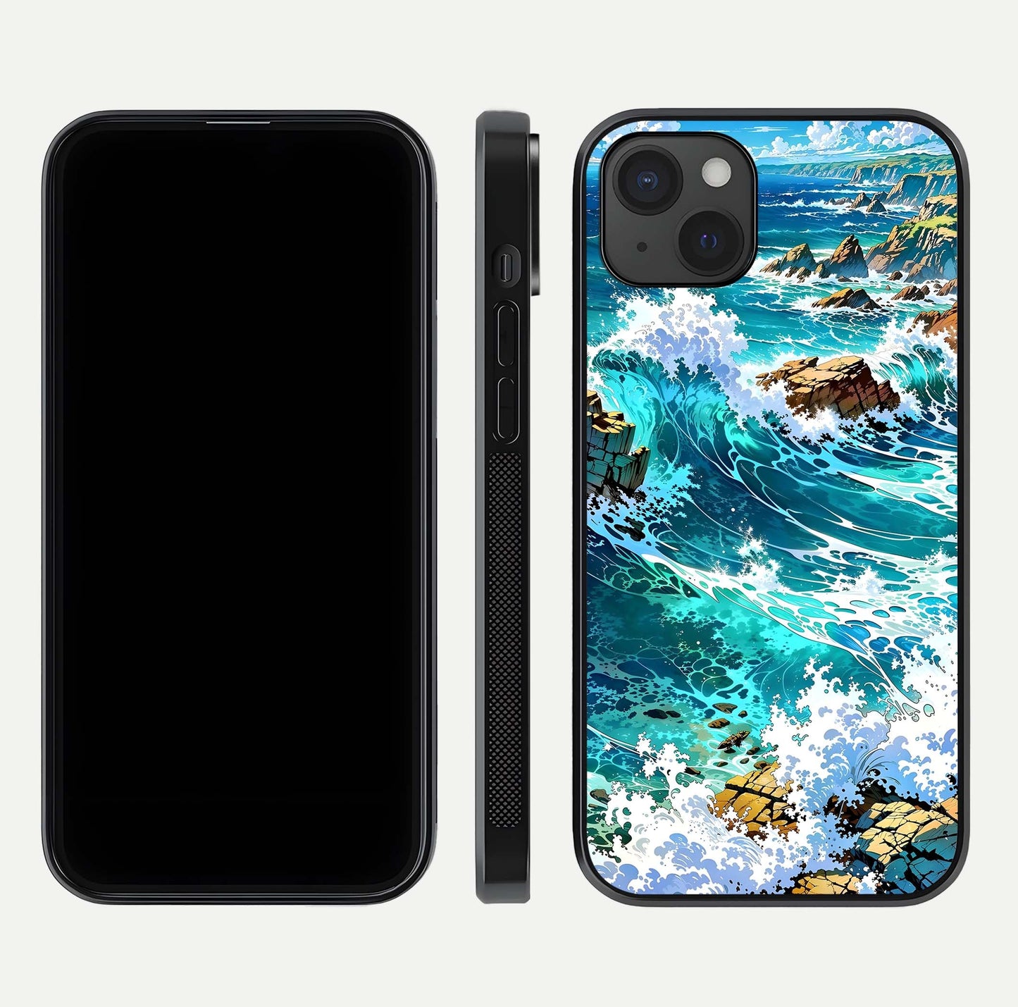Coastal Blue Waves Glass Case for iPhone 15 Plus dual-view layout displaying sea tones and curved finish