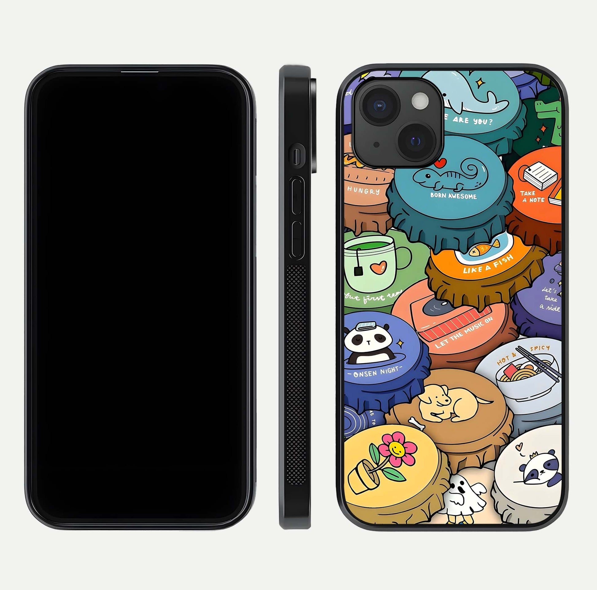 Coins Patterns Glass Case for iPhone 15 Plus dual-view layout displaying elegant art and glass clarity
