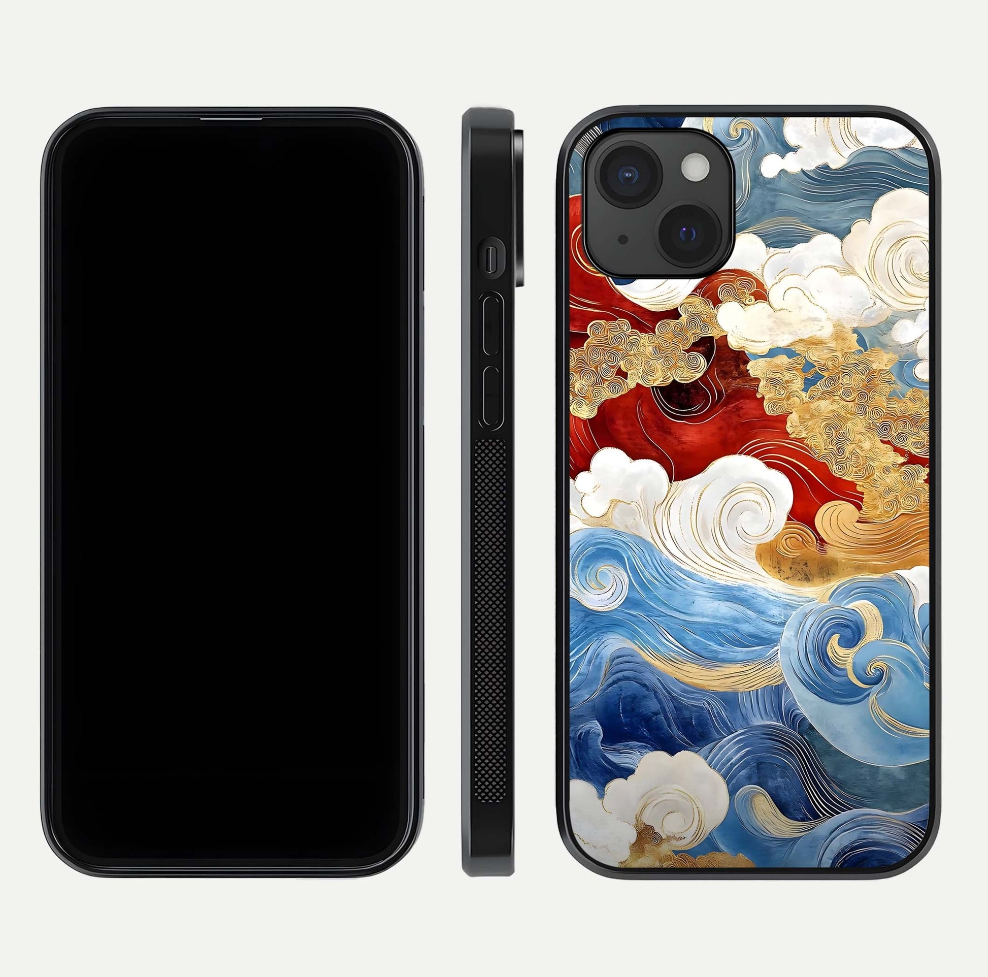 Colored Waves Glass Case for iPhone 15 Plus front & back layout showing smooth edges and vivid print tones