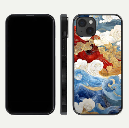 Colored Waves Glass Case for iPhone 15 Plus front & back layout showing smooth edges and vivid print tones