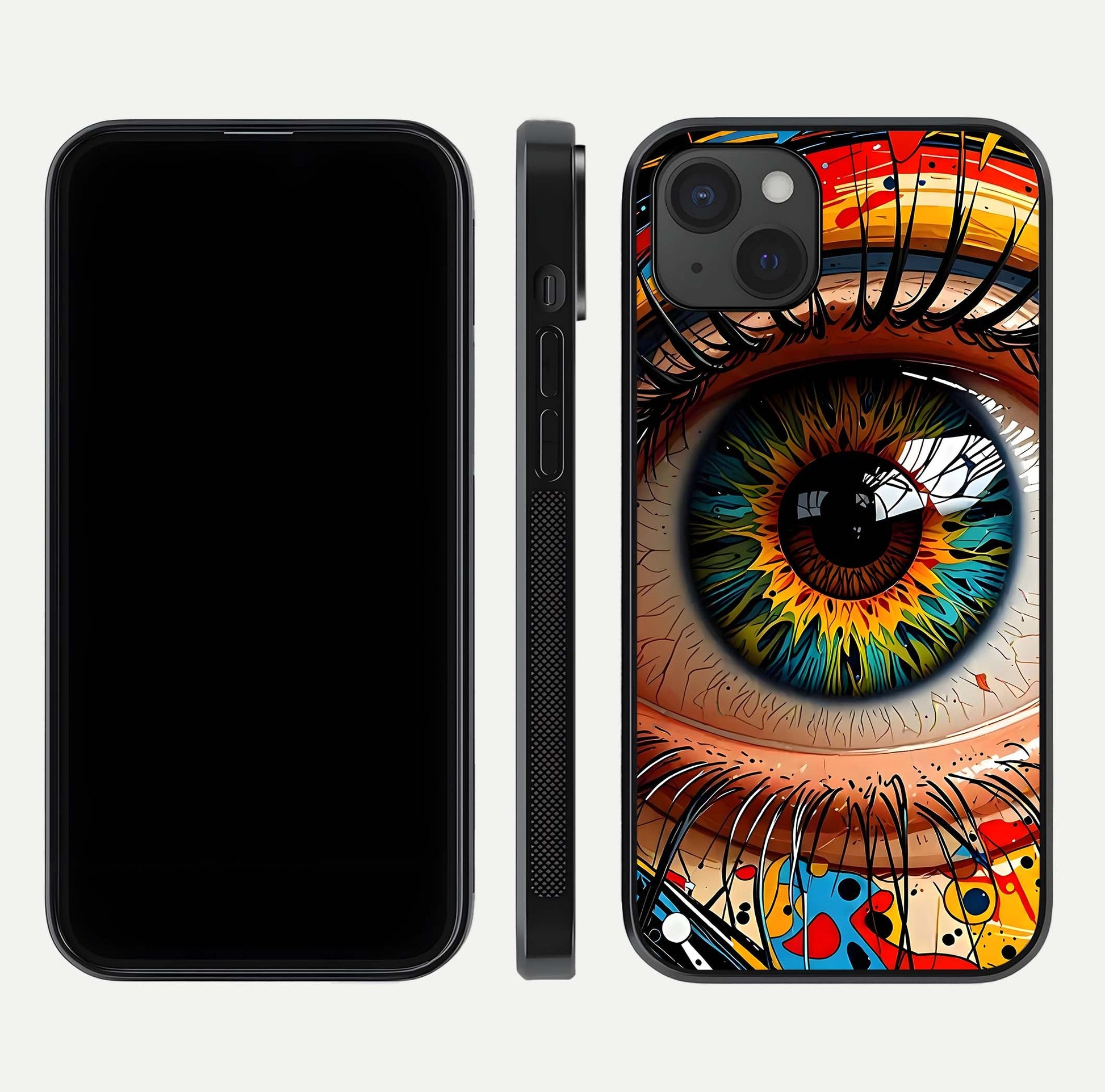 Colorful Eye Glass Case for iPhone 15 Plus dual-view layout displaying vivid tones and smooth glass edges