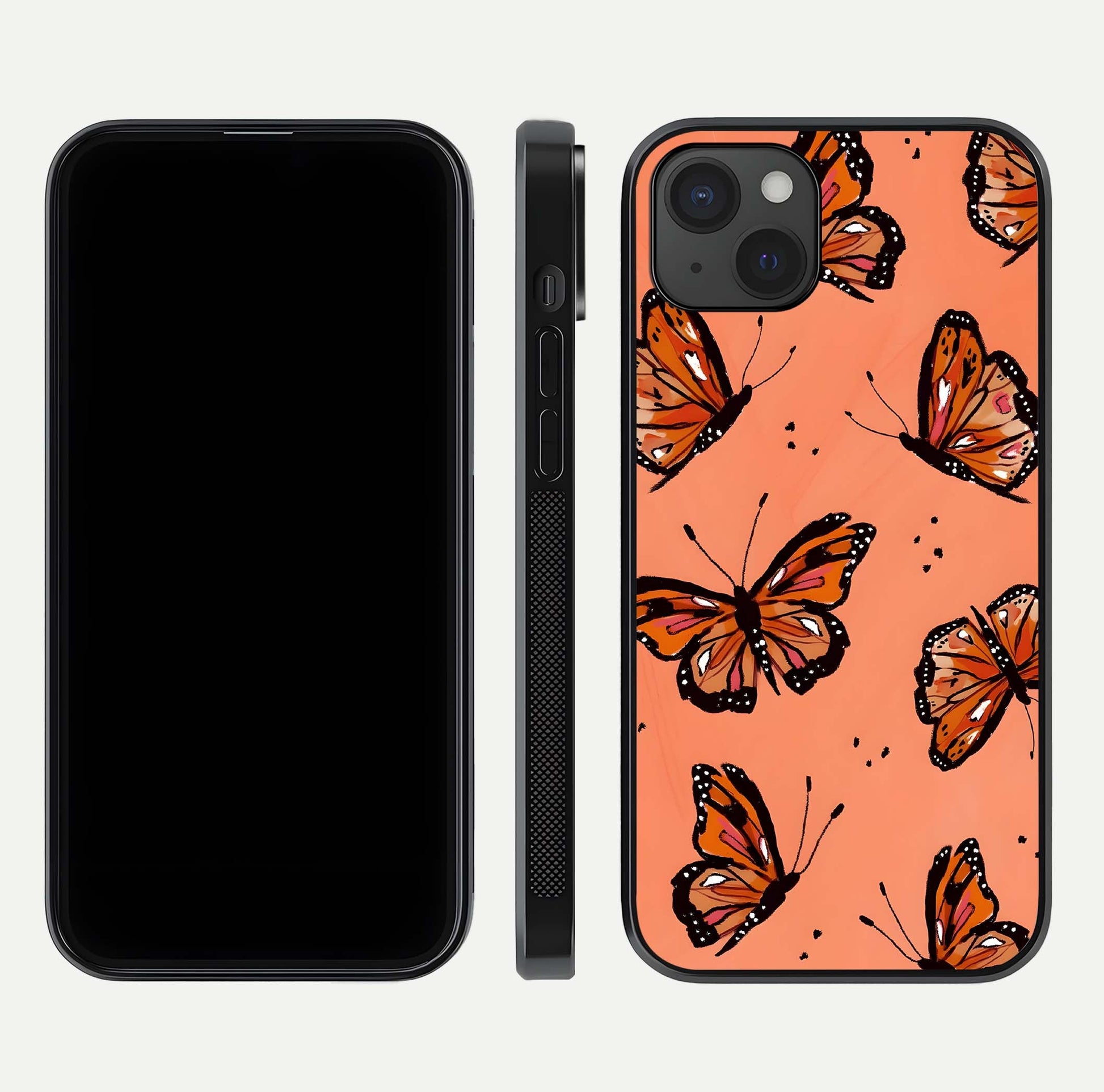 Coral Wing Butterfly Glass Case for iPhone 15 Plus dual-view layout displaying soft floral tones and curved edges