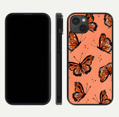Coral Wing Butterfly Glass Case for iPhone 15 Plus dual-view layout displaying soft floral tones and curved edges