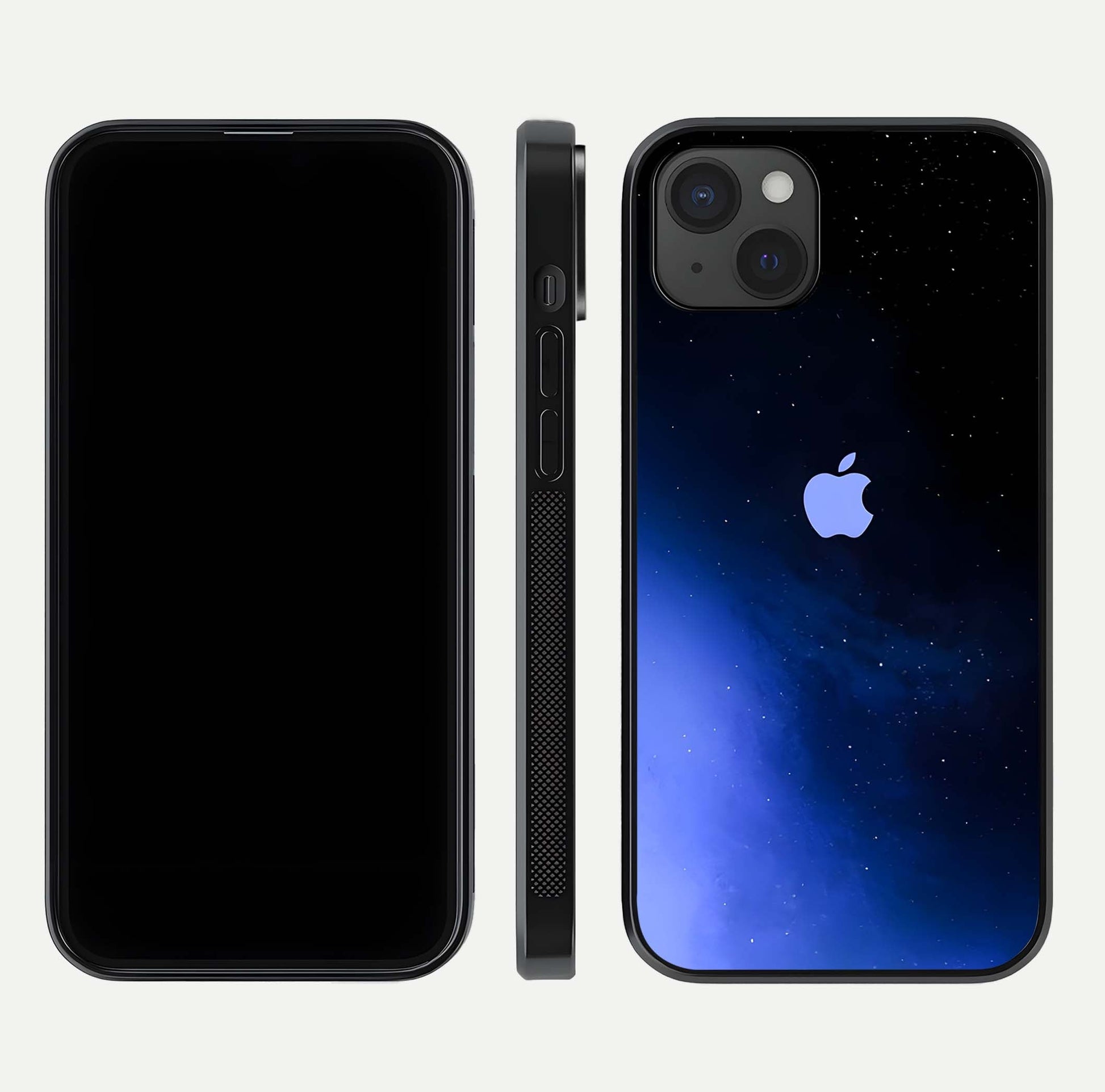 Cosmic Blue Apple Glass Case for iPhone 15 Plus dual-view layout displaying cosmic tones and glass edges
