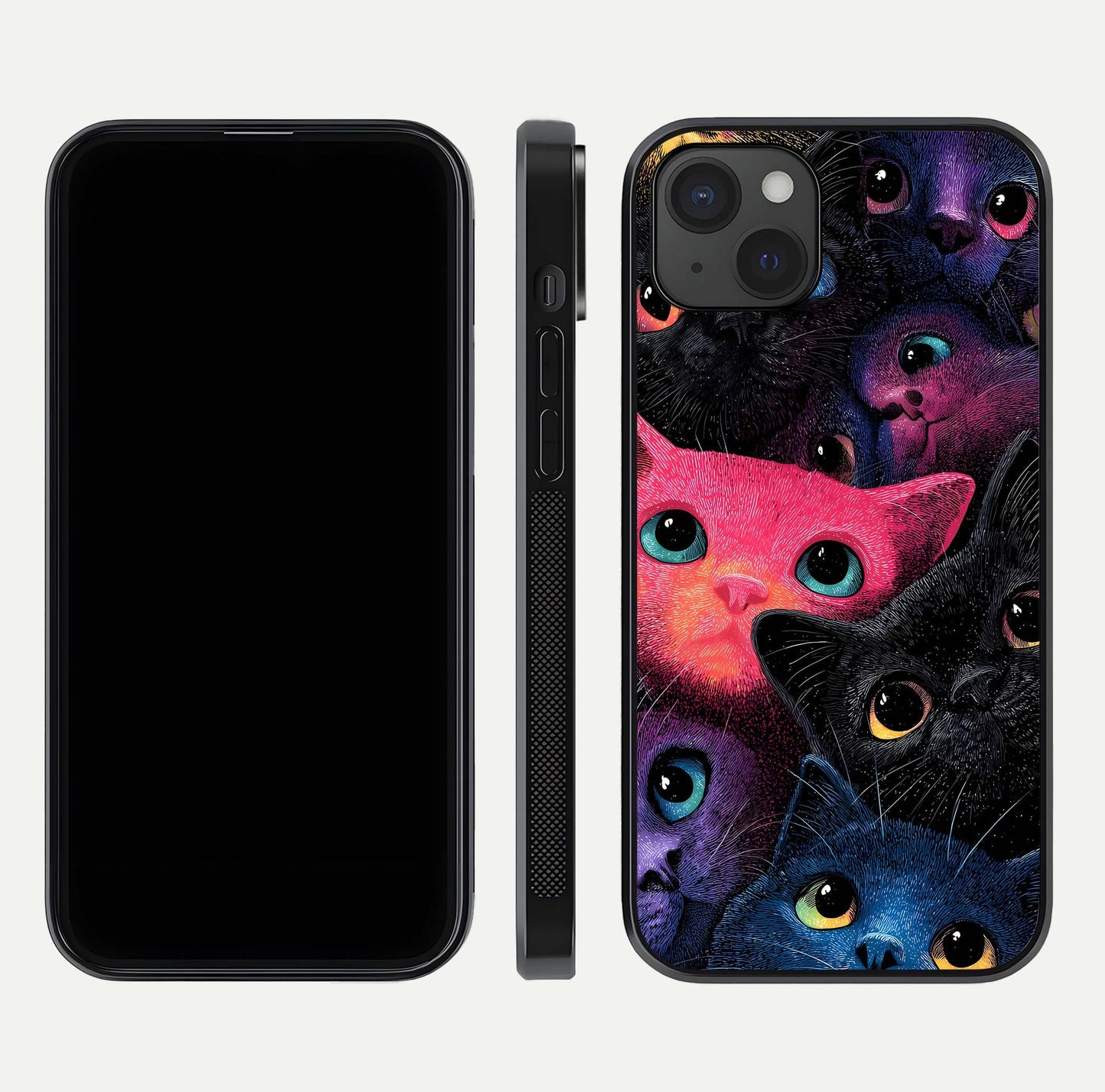 Cosmic Cats Dreams Glass Case for iPhone 15 Plus dual-view layout displaying HD print and glossy shine