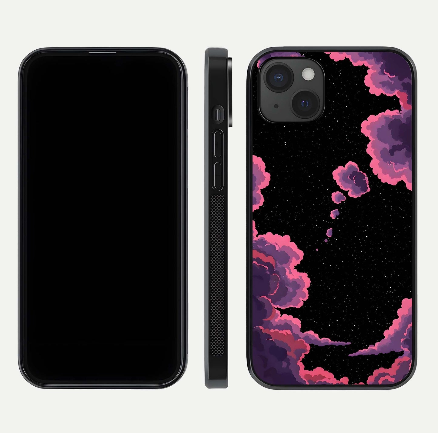 Cosmic Cloud Journey Glass Case for iPhone 15 Plus dual-view layout displaying celestial tones and edge clarity