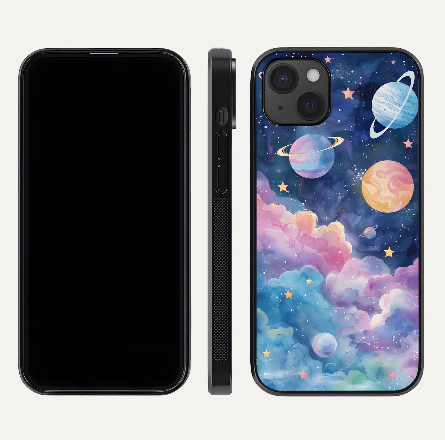 Cosmic Planet Dreams Glass Case for iPhone 15 Plus dual-view layout displaying galaxy colors and curved finish