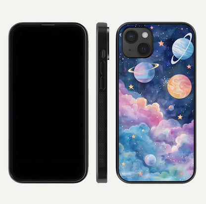 Cosmic Planet Dreams Glass Case for iPhone 15 Plus dual-view layout displaying galaxy colors and curved finish