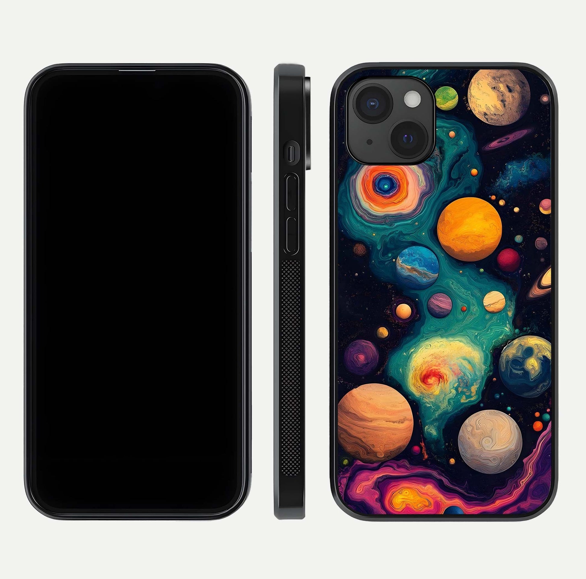 Cosmic Planet Journey Glass Case for iPhone 15 Plus dual-view layout displaying colorful cosmic balance