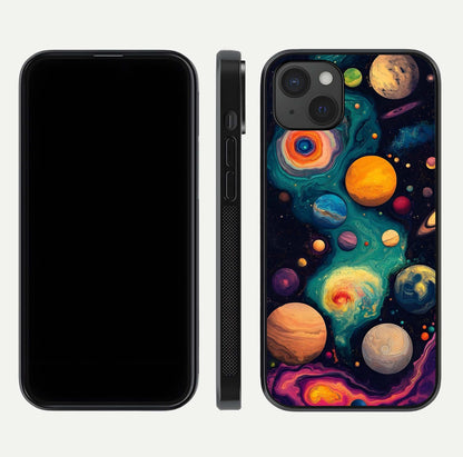 Cosmic Planet Journey Glass Case for iPhone 15 Plus dual-view layout displaying colorful cosmic balance