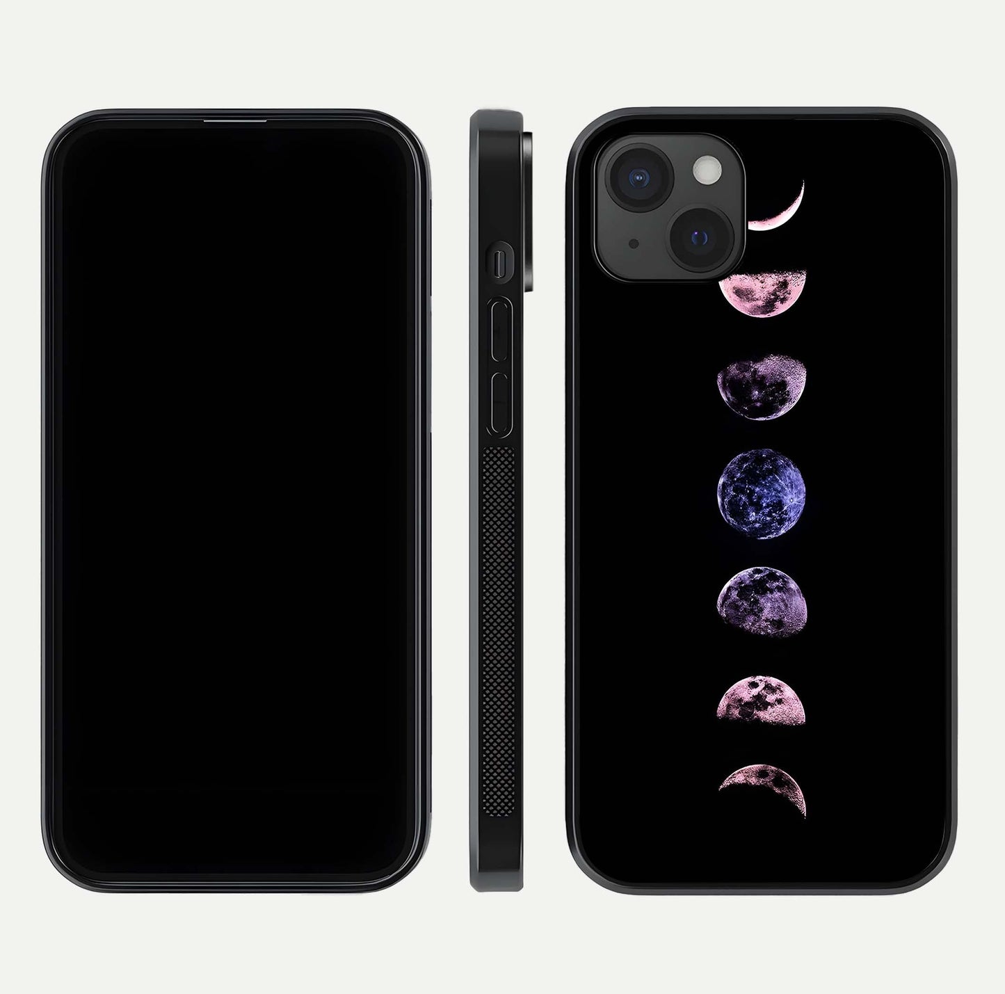 Crimson All Planets Glass Case for iPhone 15 Plus dual-view layout displaying crimson tones and curved edges