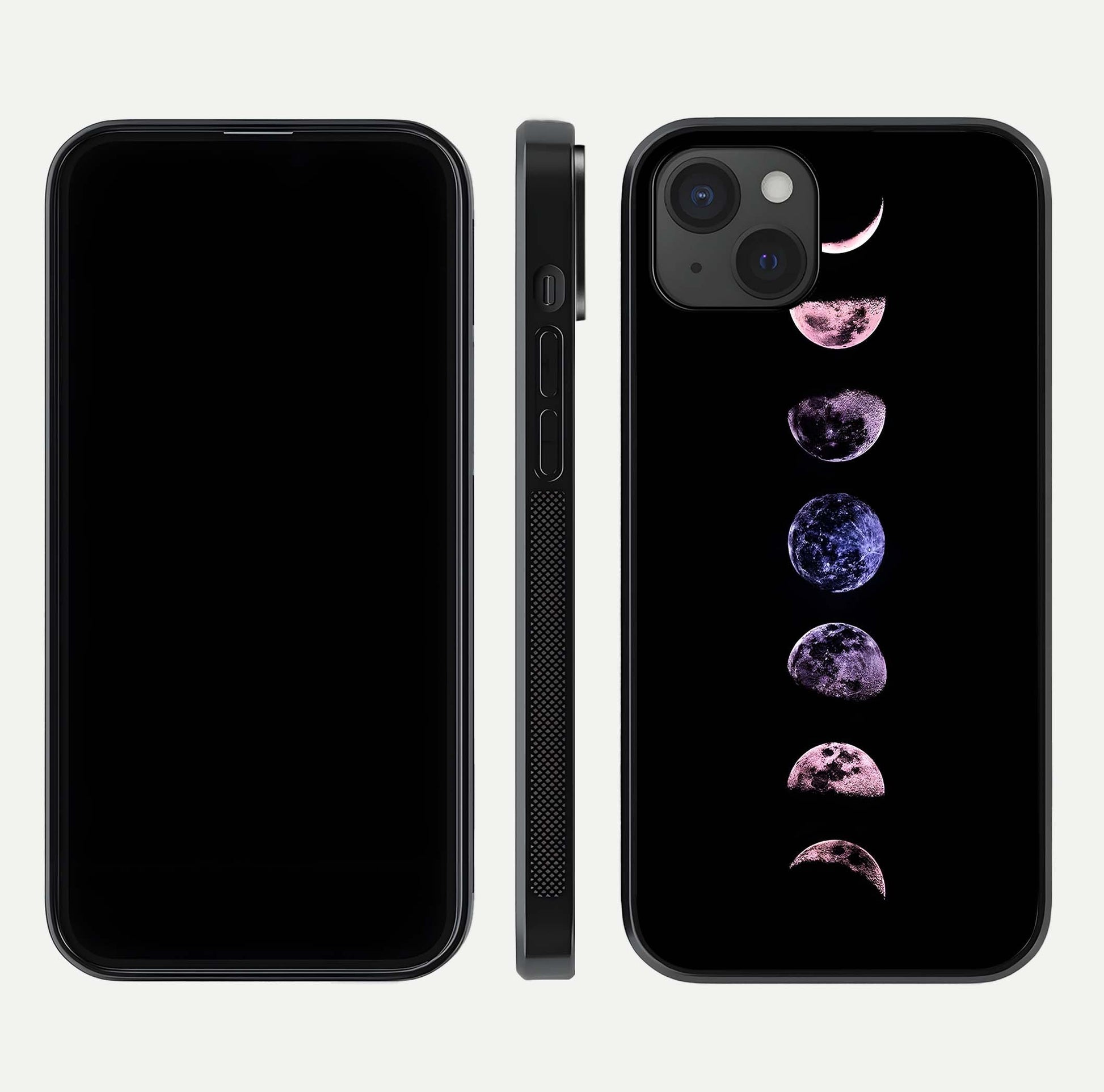 Crimson All Planets Glass Case for iPhone 15 Plus dual-view layout displaying crimson tones and curved edges