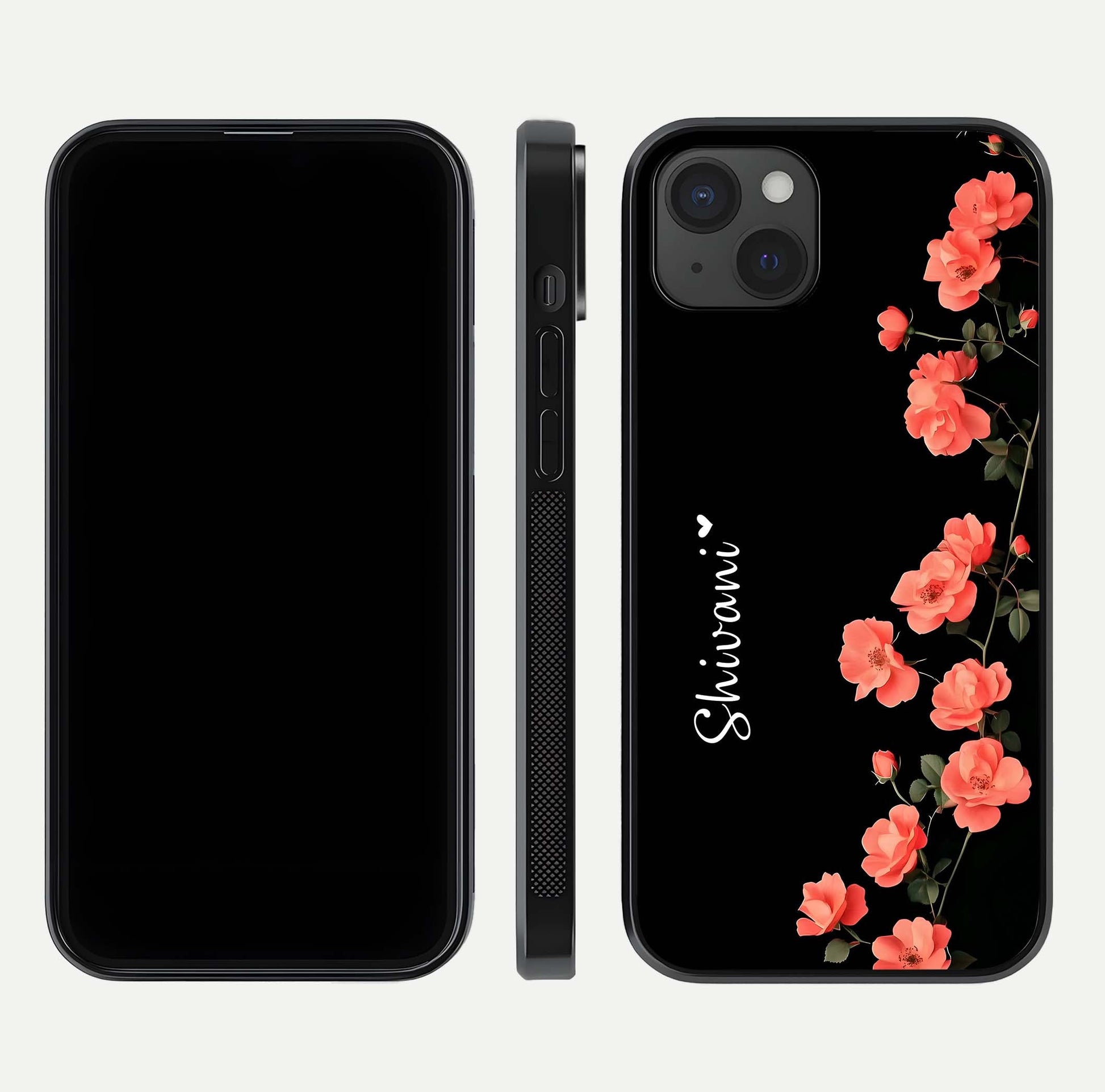 Crimson Bloom Grace Custom Name Glass Case for iPhone 15 Plus dual-view layout displaying custom text and smooth curved edges