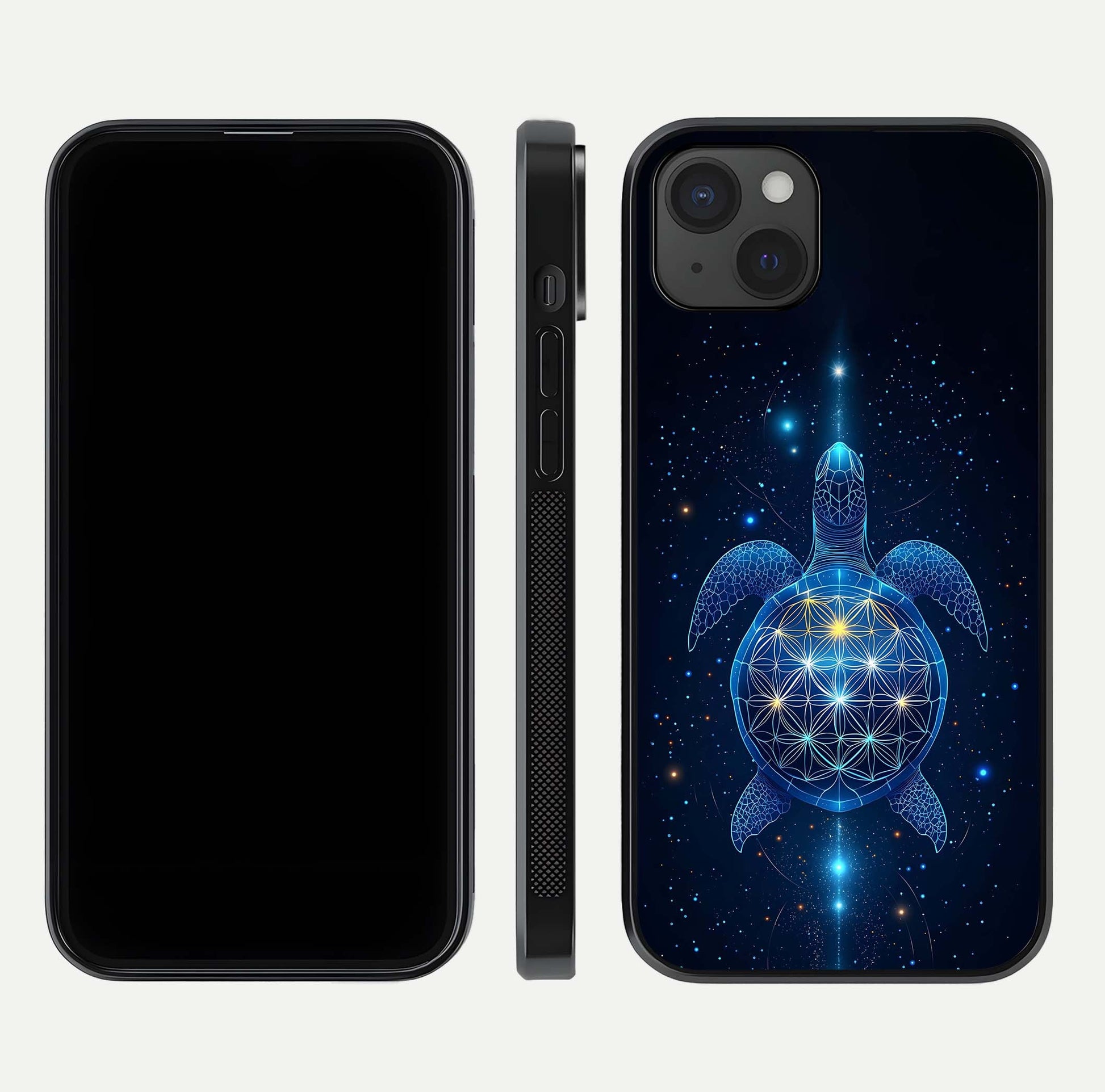 Crimson Blue Turtle Glass Case for iPhone 15 Plus dual-view layout displaying ocean tones and HD finish